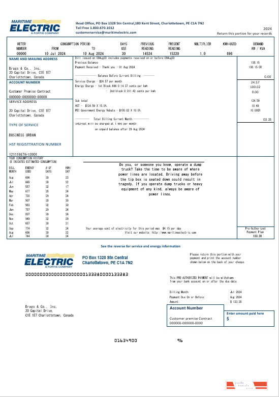 Canada Maritime Electric business utility bill template in Word and pdf format